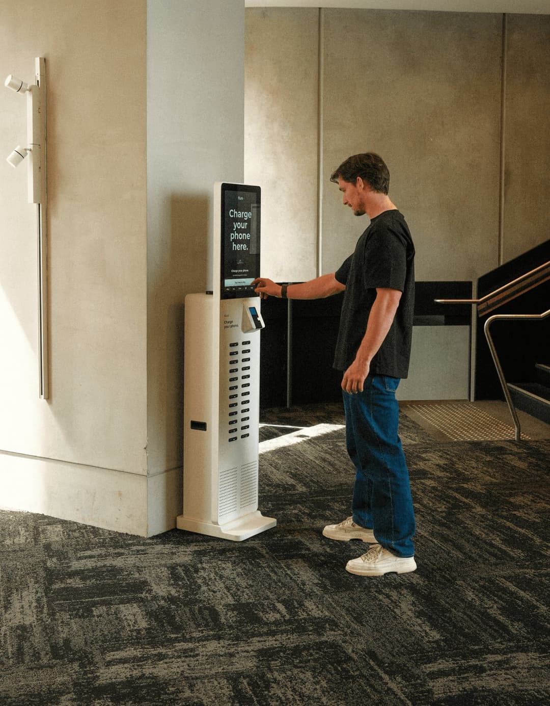 Fluro Pro Max tower in a hotel lobby